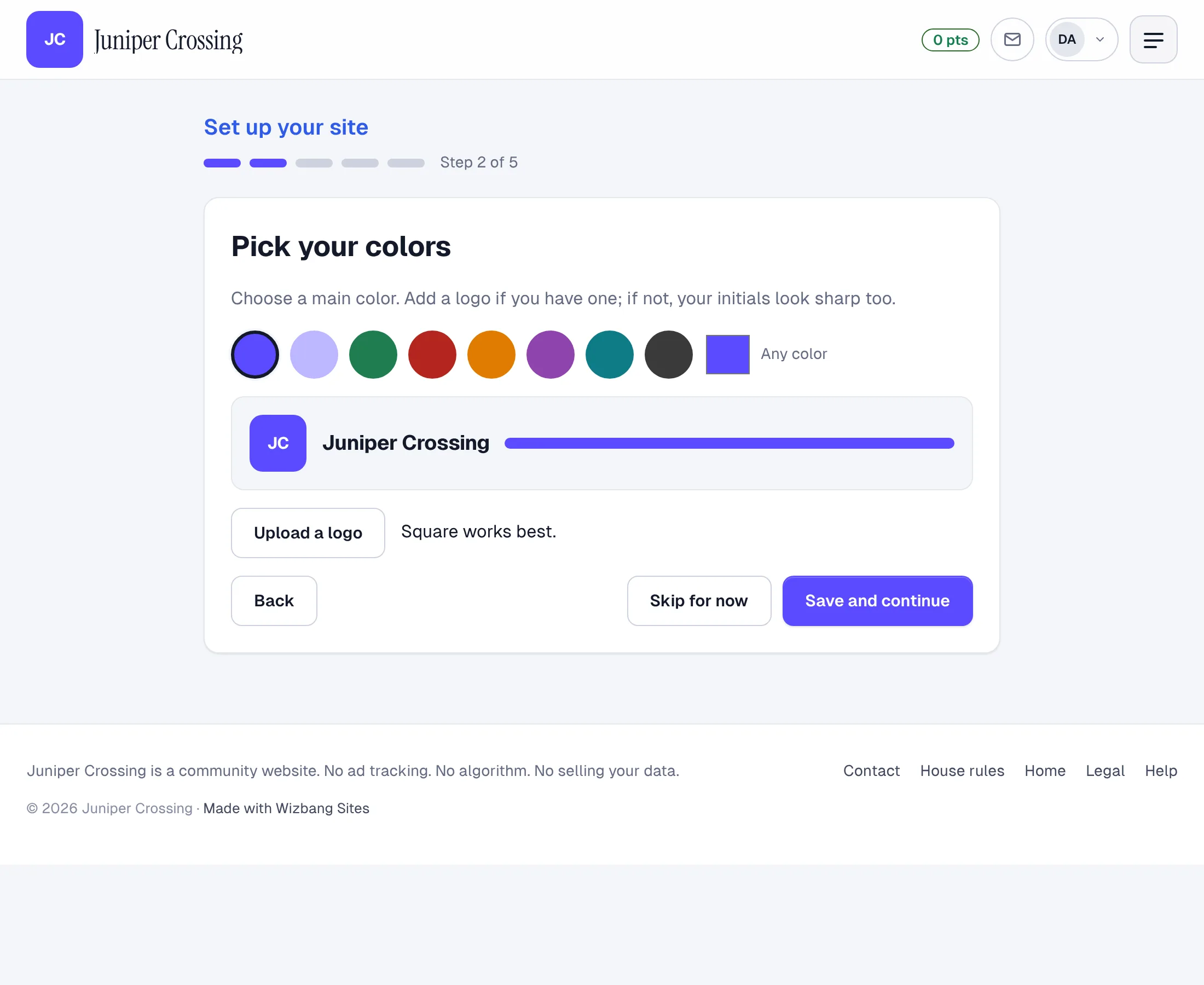 The setup screen: pick your colors and add a logo